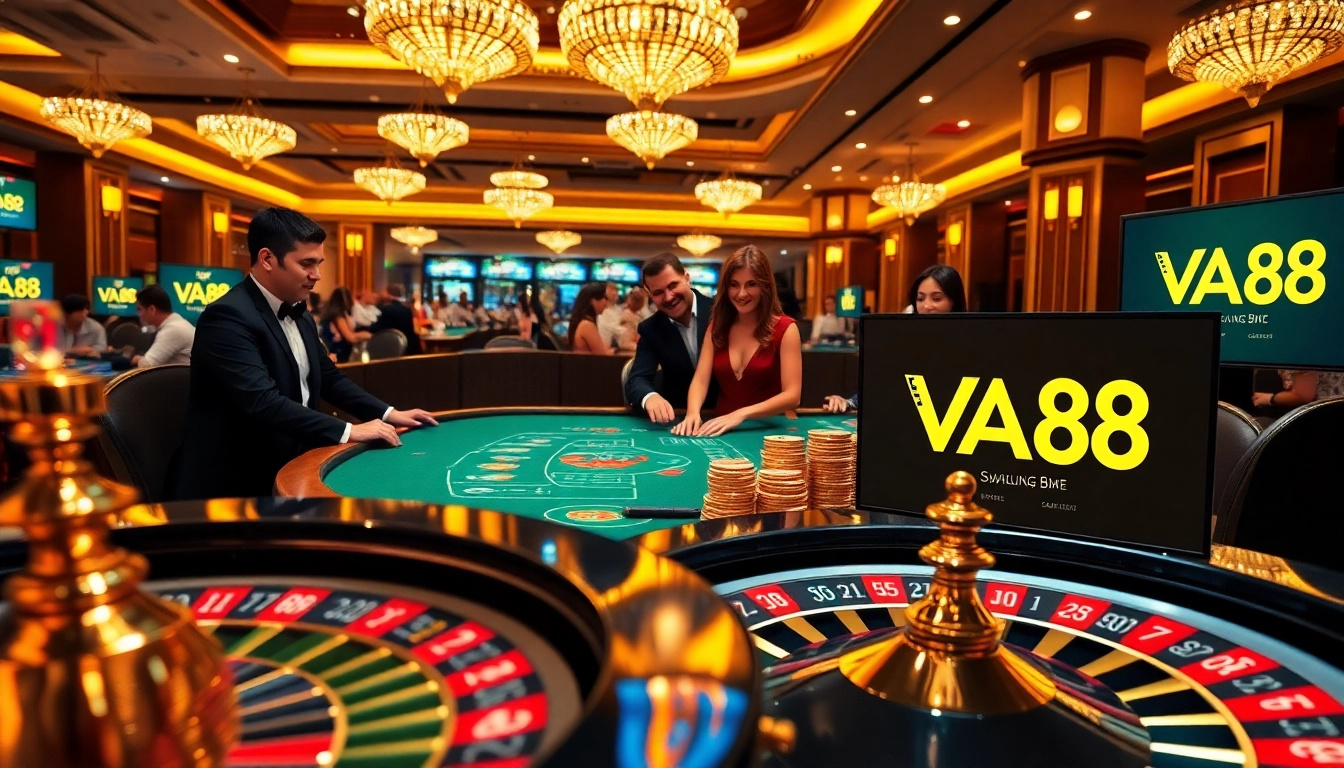 Players engaged in a thrilling game at VA88 casino, surrounded by vibrant roulette wheels and gaming tables.