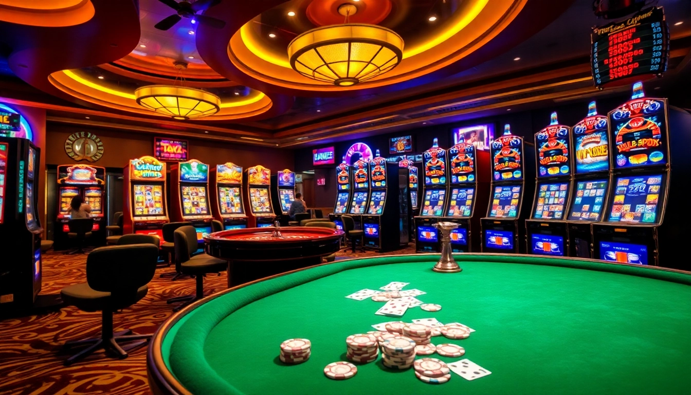 Engaging players enjoying slot online games amidst a lively casino atmosphere with colorful machines.