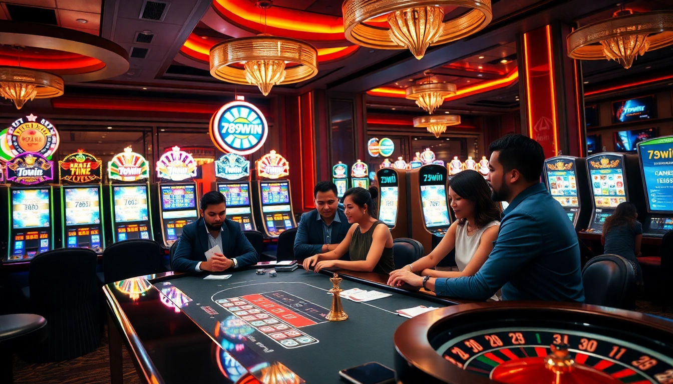 Experience the excitement of the app 789win at a lively casino table filled with poker chips and players.