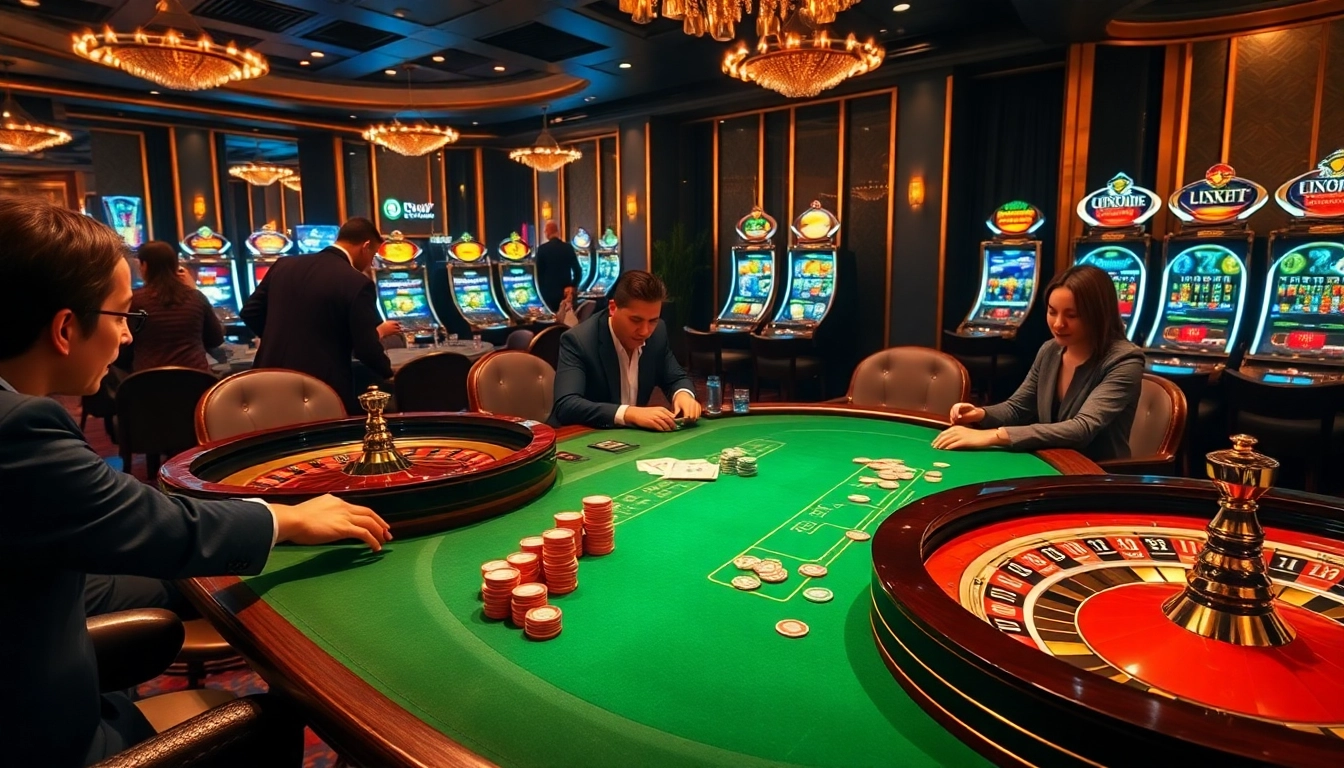 Engaged players enjoying a vibrant poker game at Rikvip, surrounded by casino glamour and exciting atmosphere.