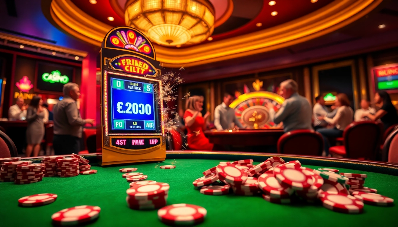 Celebrating the explosion of a prize-winning lottery with exciting casino visuals, showcasing vibrant slots and poker chips.