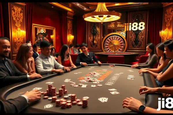 High-stakes poker game in an upscale casino featuring vibrant j88 branding and engaging players.