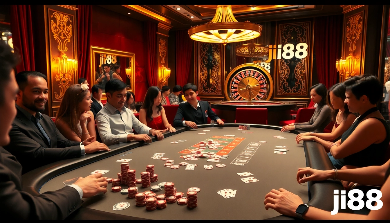 High-stakes poker game in an upscale casino featuring vibrant j88 branding and engaging players.