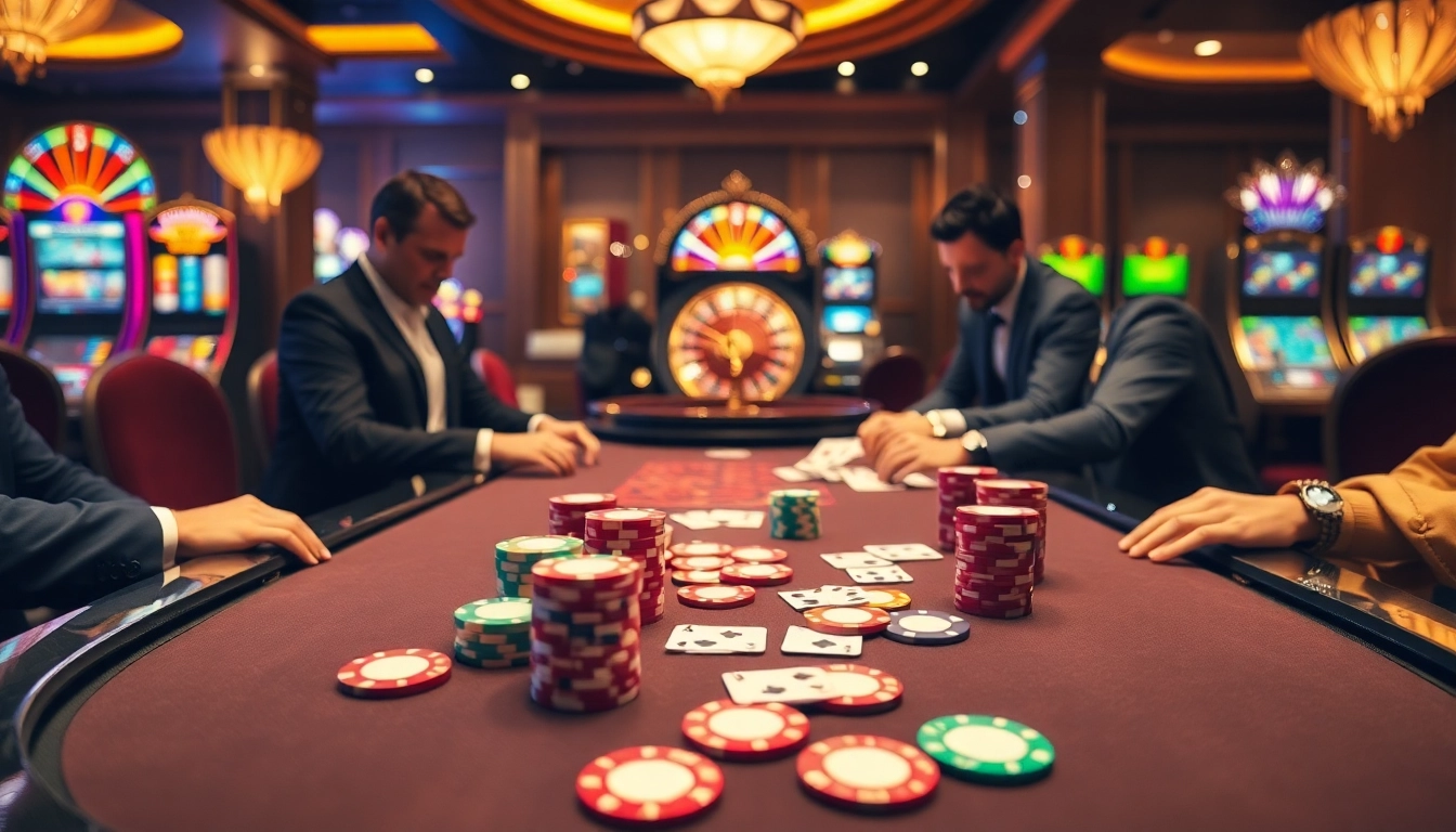 Players engage in a thrilling poker game at 789club, showcasing vibrant chips and cards.