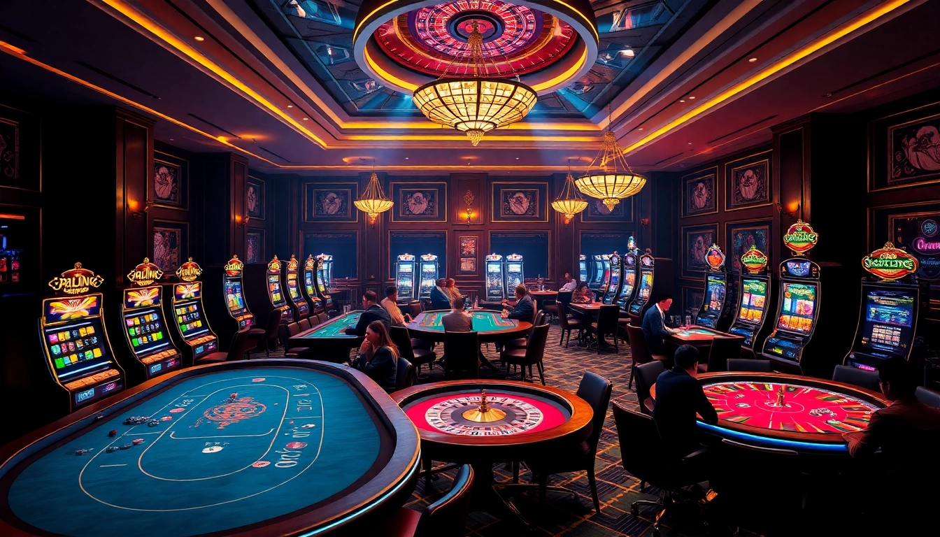 Feel the excitement of RR88 as players engage in thrilling casino games, surrounded by vibrant slot machines.