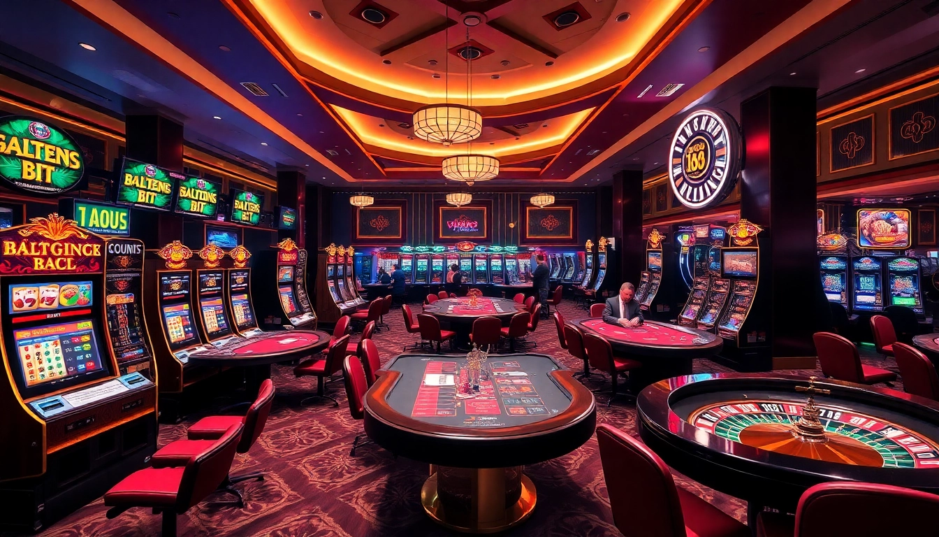 Vn88 players enjoying high-stakes games at an elegant casino with vibrant slot machines.