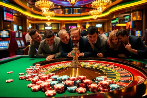 MB66 gambling scene showcasing vibrant poker chips and a roulette wheel in an opulent casino.