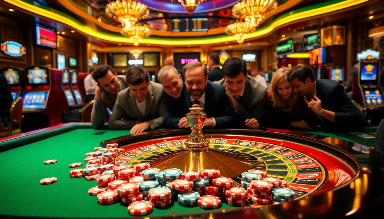 MB66 gambling scene showcasing vibrant poker chips and a roulette wheel in an opulent casino.