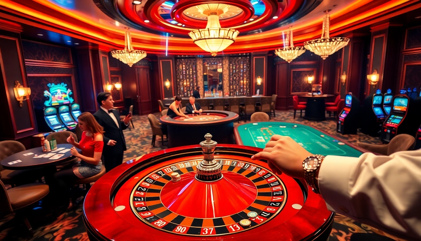 Excited players enjoying high-stakes gaming at MV88 casino, surrounded by roulette wheels and poker tables.