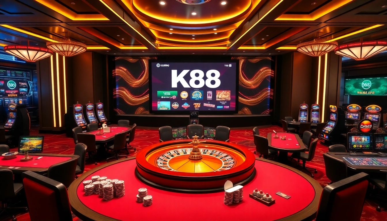 K88 online casinos showcasing a luxurious gaming atmosphere with poker tables and roulette.