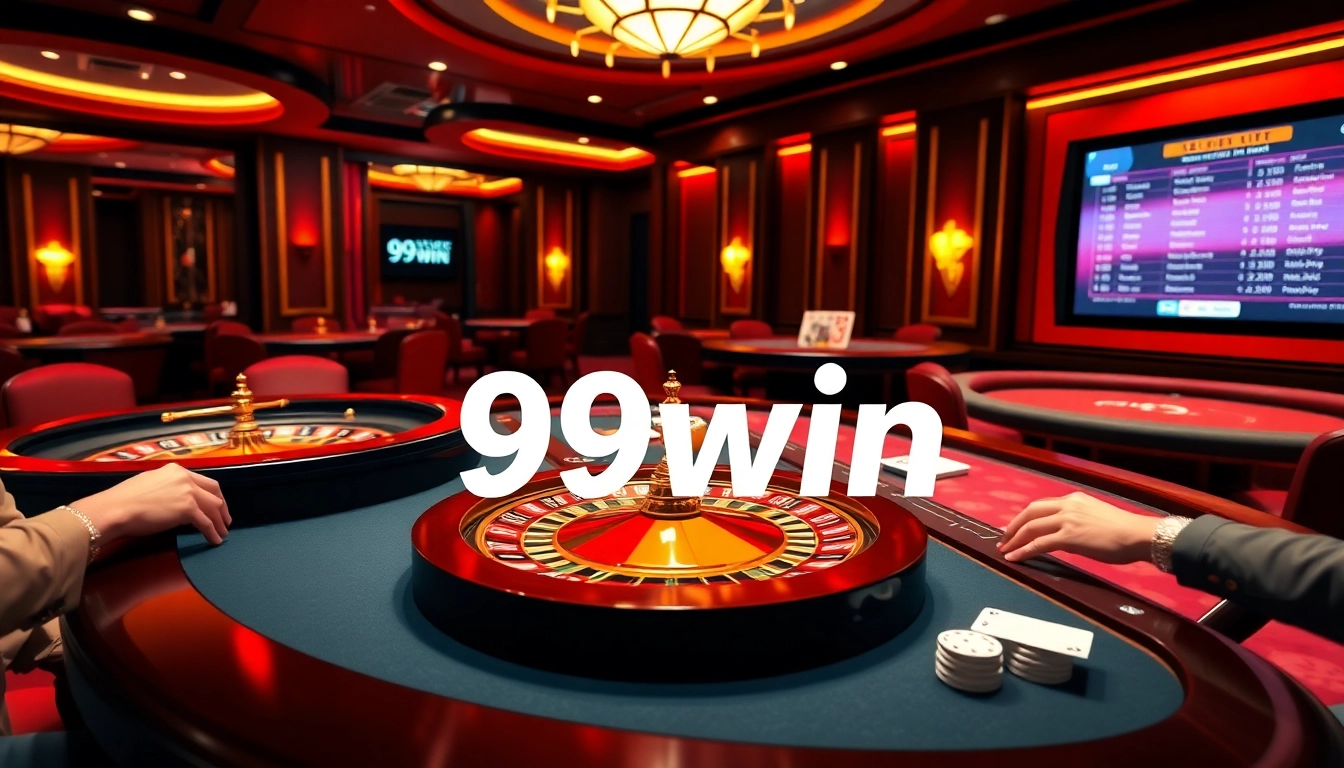 A vibrant casino scene featuring 99win logo with players engaged at a poker table.