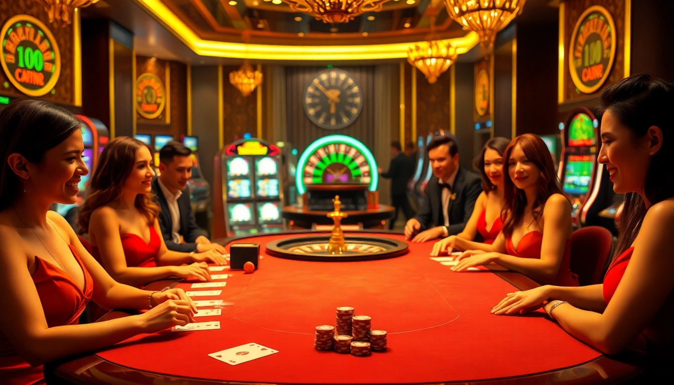 Players enjoying a thrilling game at the elegant casino table at https://pxjthailand.org/, surrounded by vibrant slot machines.