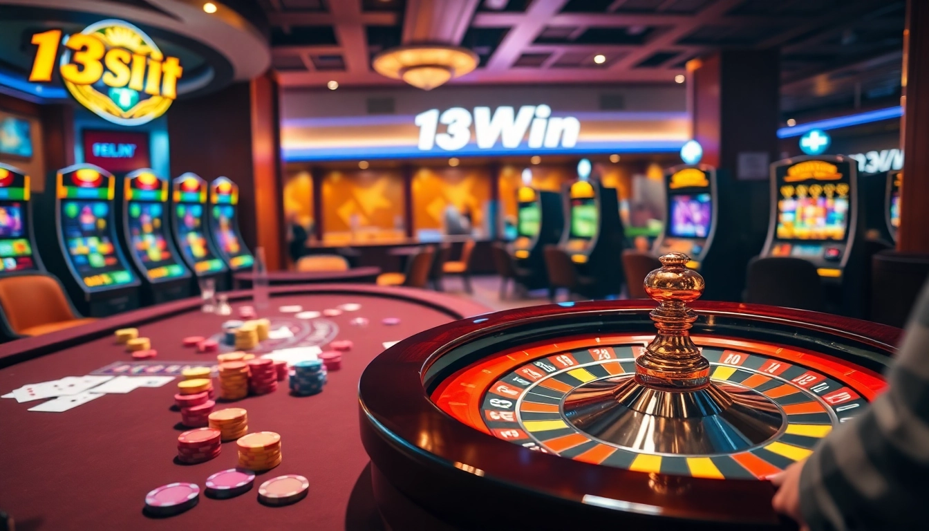 Gamblers enjoying a thrilling game at 13Win's virtual casino, featuring vibrant poker chips and a spinning roulette wheel.
