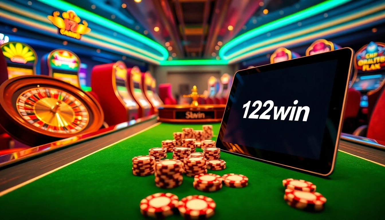 Experience the thrill of 123win at a luxurious casino with vibrant slot machines and elegant roulette tables.