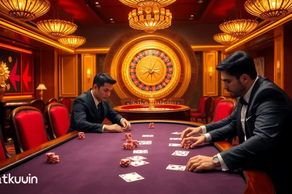 Adegan permainan poker yang menarik menampilkan Datukwin dengan chip berwarna-warni dan kartu untuk sensasi kasino.
