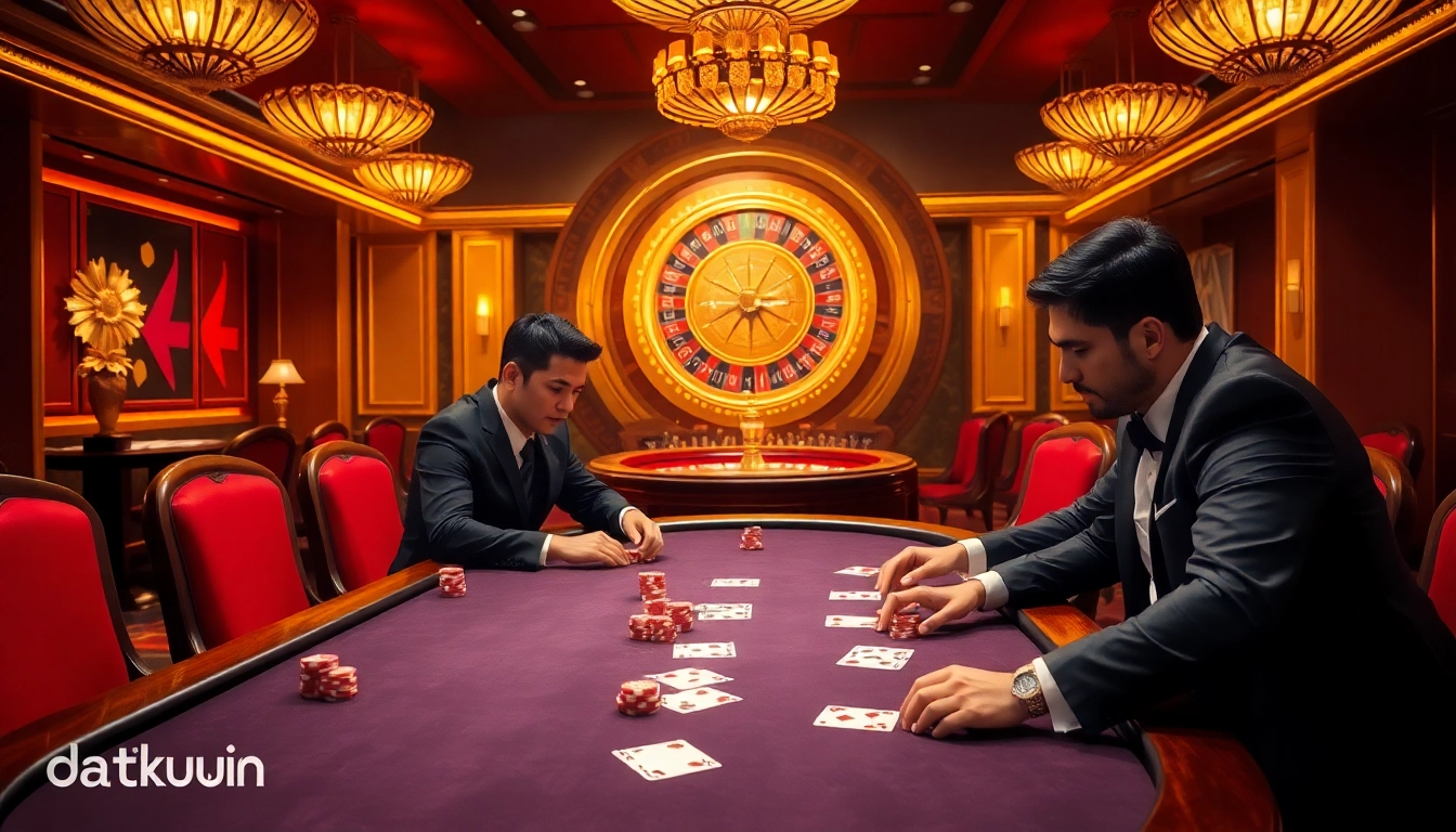 Adegan permainan poker yang menarik menampilkan Datukwin dengan chip berwarna-warni dan kartu untuk sensasi kasino.