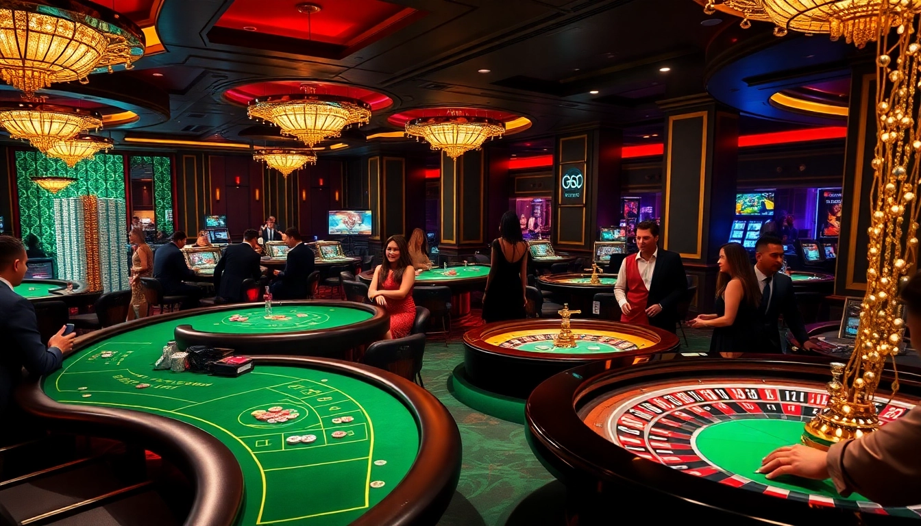 Players enjoy an exciting SODO66 casino experience featuring poker and roulette tables.