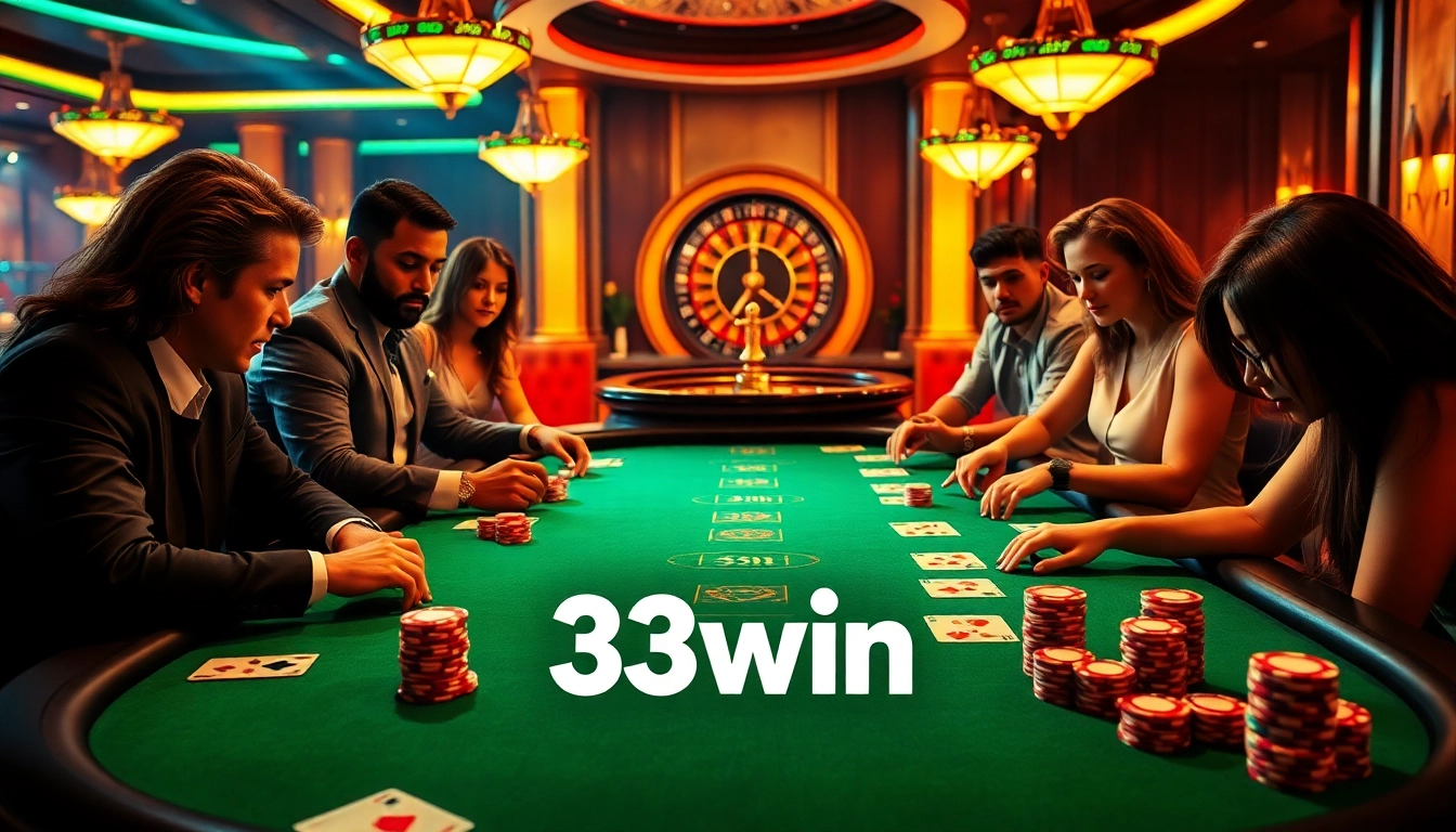 Players are winning big at the 33win poker table in a vibrant casino setting.
