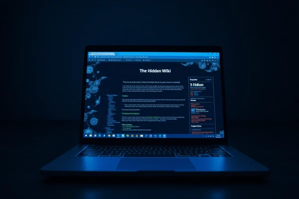 The Hidden Wiki homepage displayed on a sleek laptop in a mysterious dark web setting.