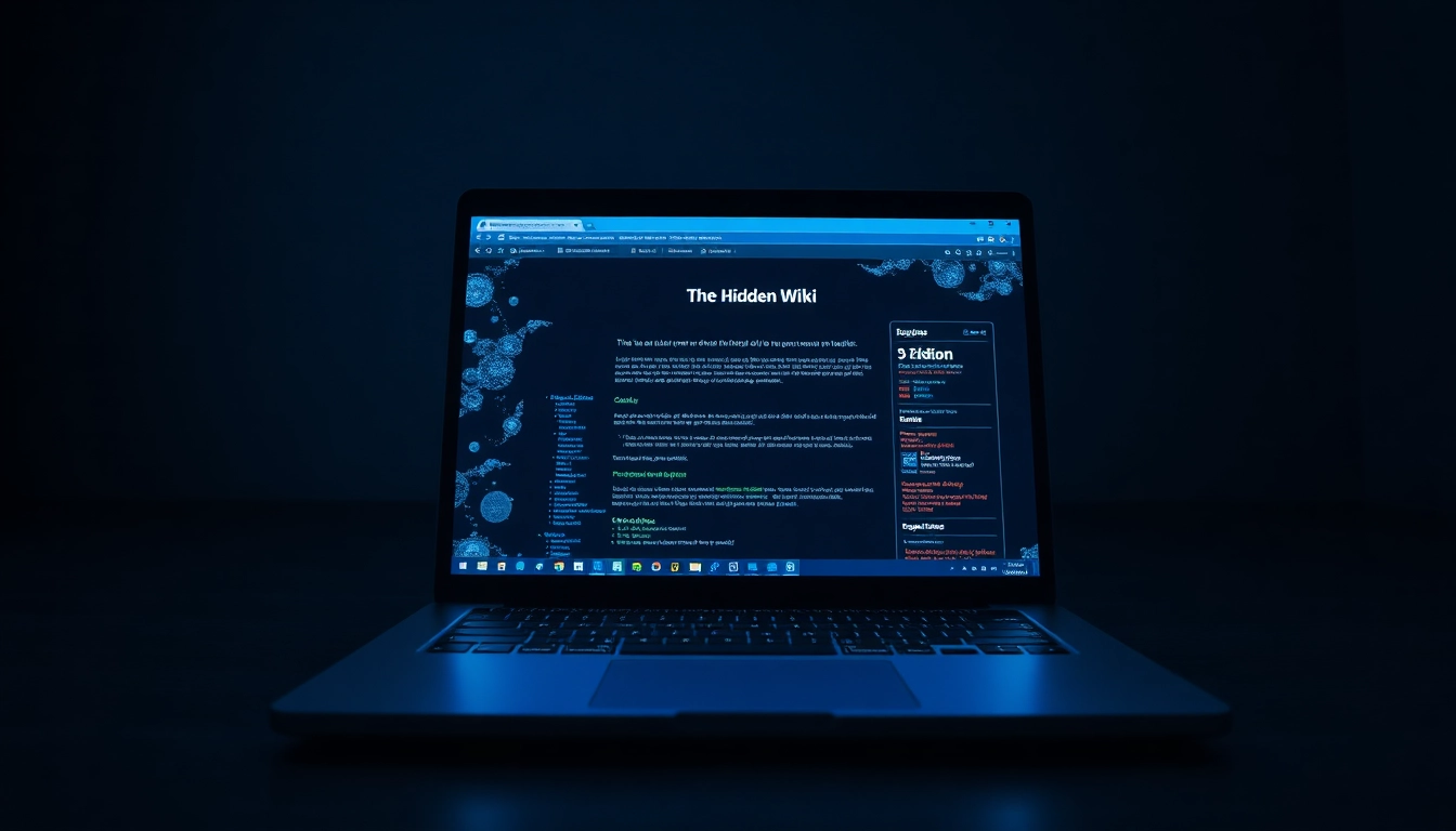 The Hidden Wiki homepage displayed on a sleek laptop in a mysterious dark web setting.