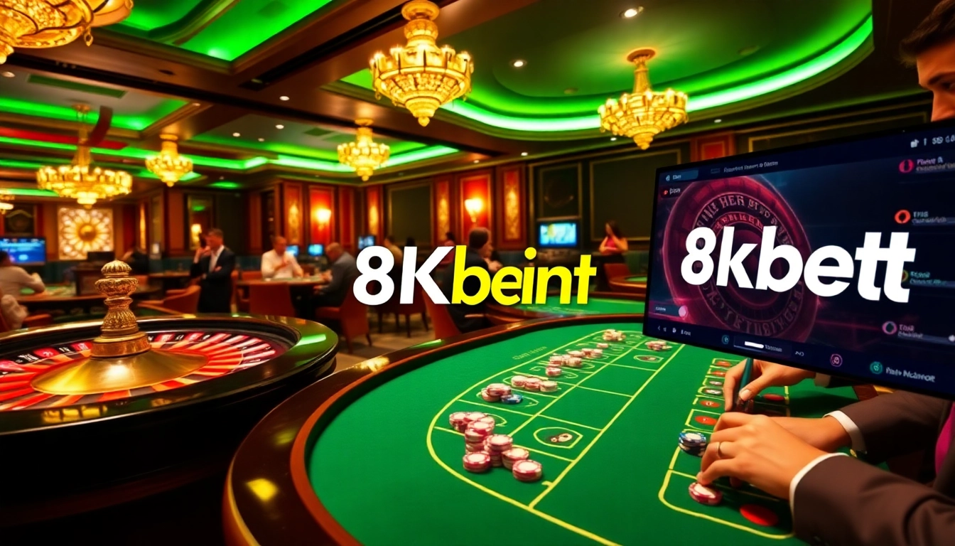 Experience thrilling moments in a casino with vibrant games and 8kbet.ink logo.