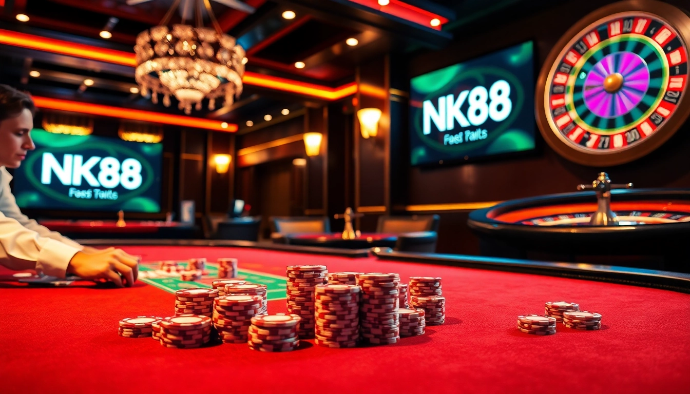 NK88 showcases a high-energy casino atmosphere with poker chips, cards, and a roulette wheel.