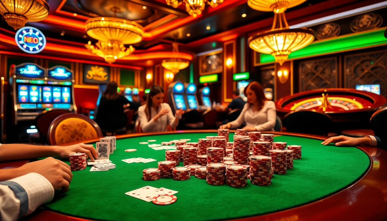 Players enjoying a thrilling poker game with NEO79 chips in a luxurious casino setting.