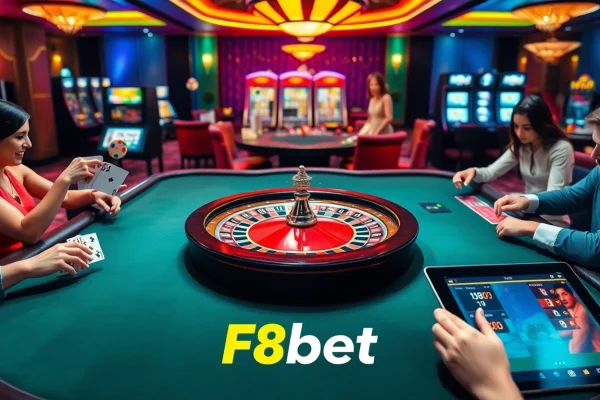 Experience the excitement of F8bet with vibrant casino tables, cards, and chips in a luxurious setting.