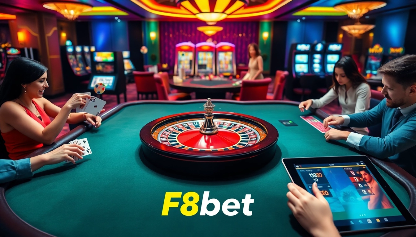 Experience the excitement of F8bet with vibrant casino tables, cards, and chips in a luxurious setting.