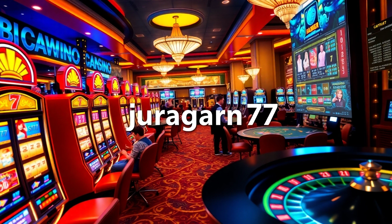 Experience thrilling gameplay at juragan77's vibrant casino scene with exciting slot machines.