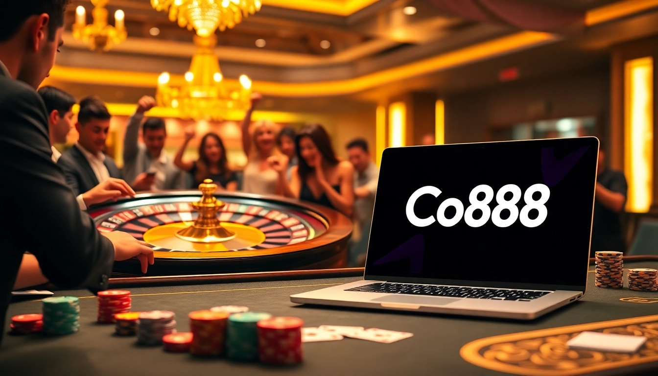 Excited players engaging in a vibrant Co88 casino scene with roulette and poker chips.