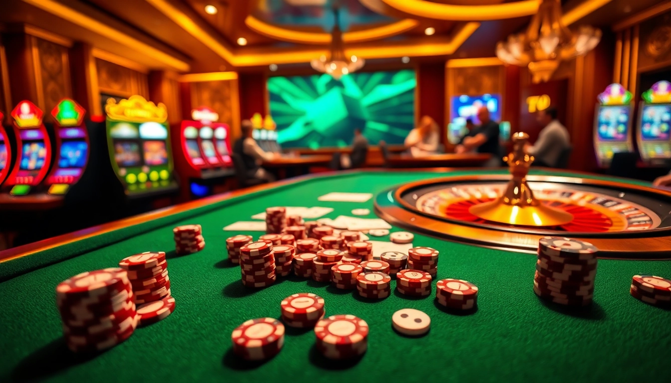K88 online casino gaming scene showcasing a vibrant poker table, golden roulette wheel, and lively atmosphere.