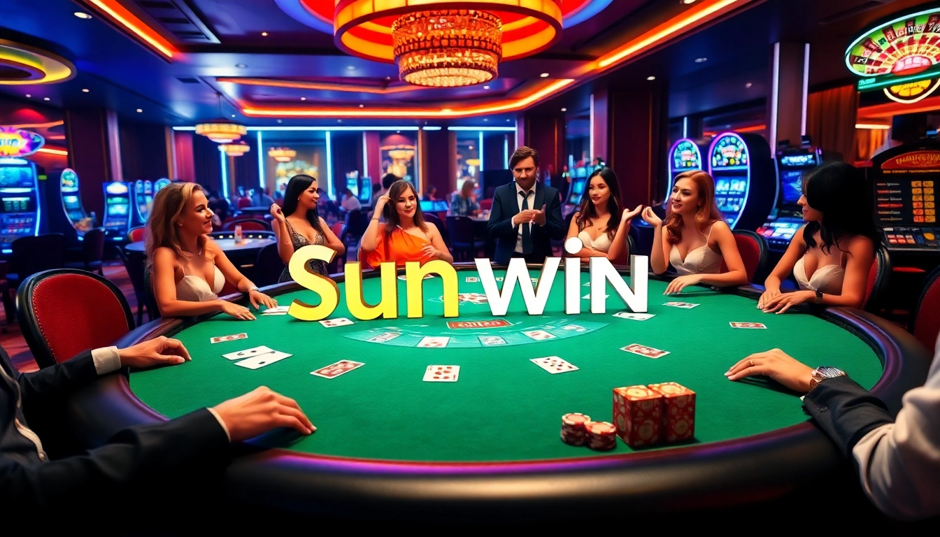 Sun win logo displayed in an exciting casino atmosphere with poker players and roulette wheel.