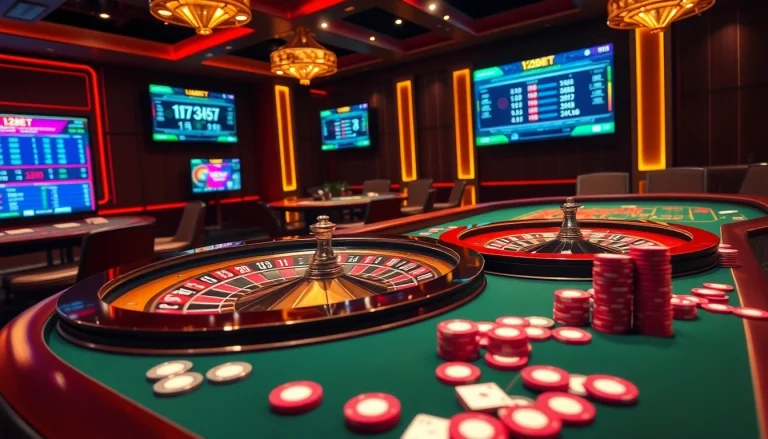 Experience the thrill of 12BET with vibrant visuals of roulette and poker gameplay.