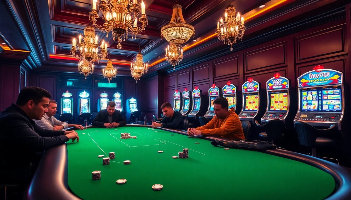 Exciting gameplay at Bay789 casino with vibrant poker and slot machine action.