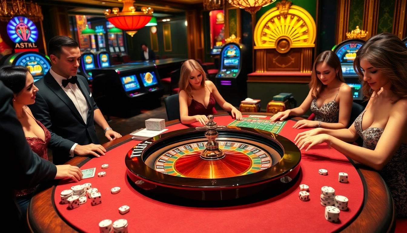 Players enjoying a vibrant roulette game at 8kbet.ink casino, showcasing excitement and luxury.