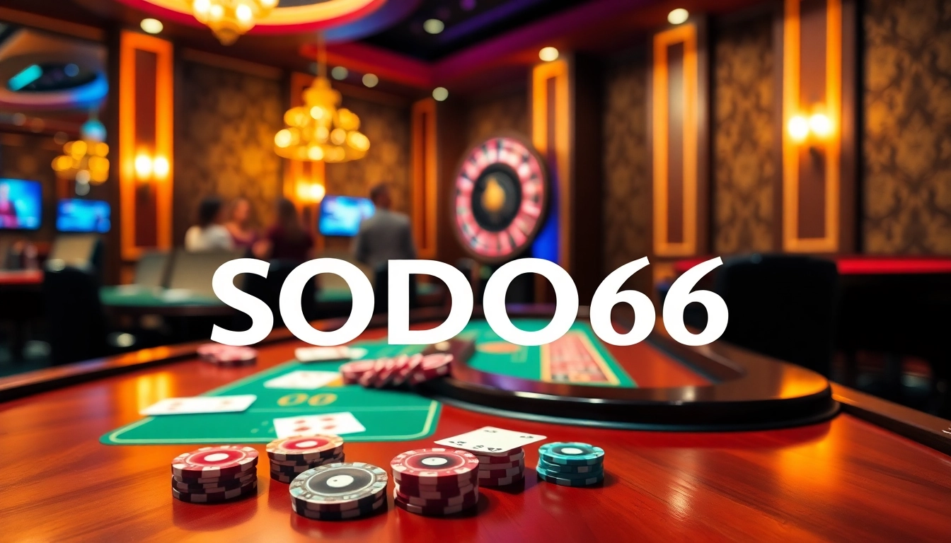 SODO66 gaming table with vibrant poker chips and cards, showcasing an exciting casino atmosphere.