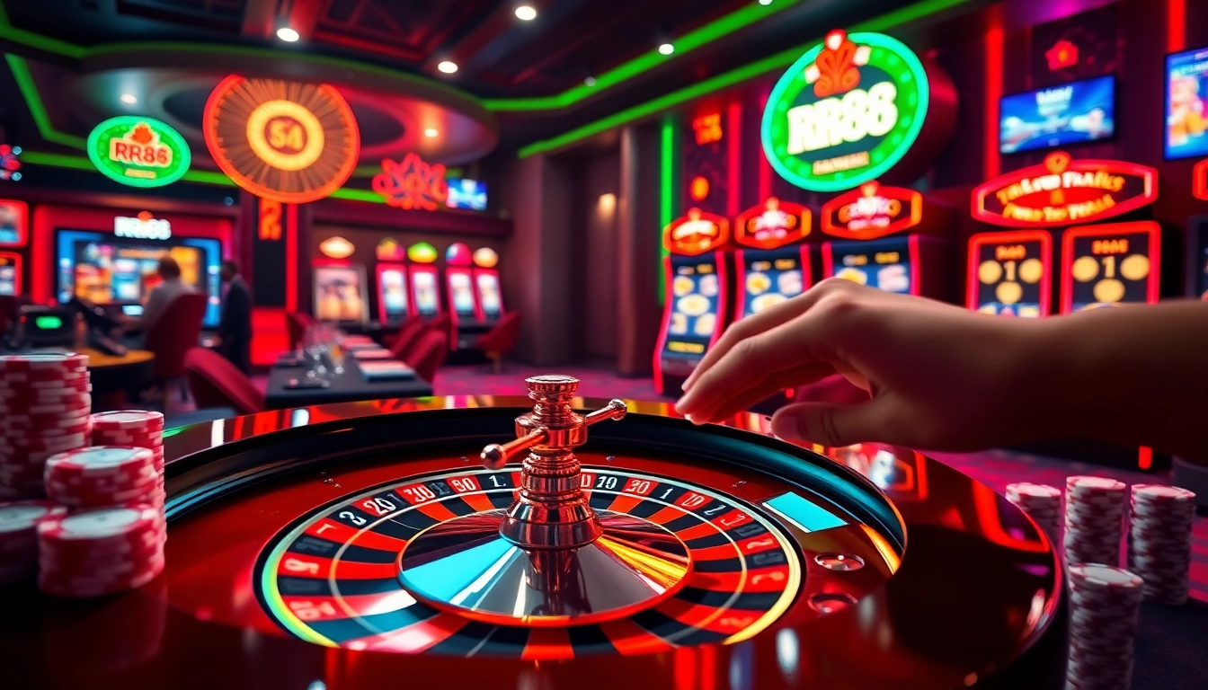 RR88 online casino scene with roulette wheel and vibrant poker chips for immersive gambling experience.