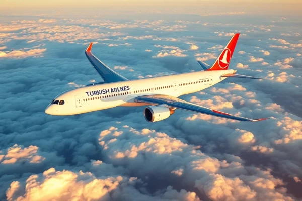 Stunning aerial view of Turkish Airlines TK88 Boeing 787-9 in flight over beautiful landscapes, evoking travel excitement.