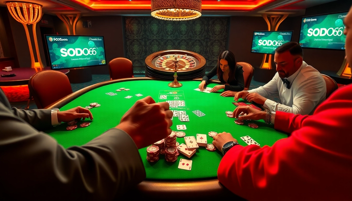 SODO66 players engaging in a high-stakes poker game amidst a vibrant casino atmosphere.
