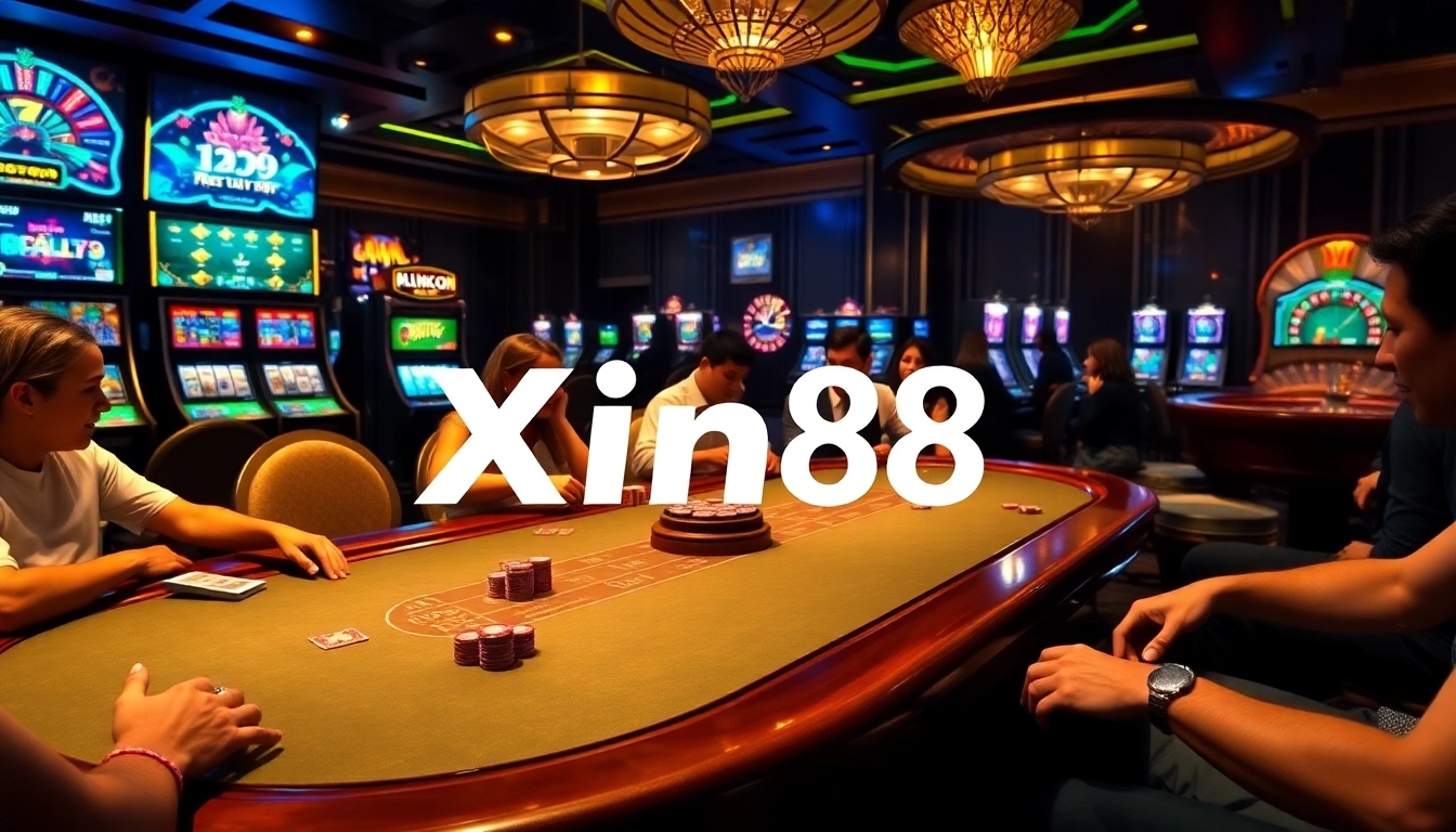 Engaging players at a Xin88 poker table within a vibrant casino setting.