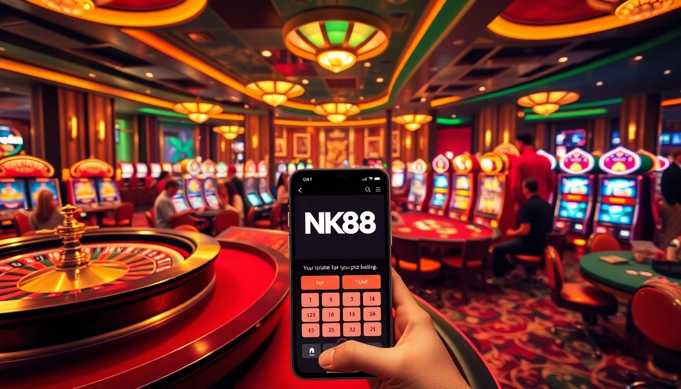 Players engage in vibrant gambling activities at nk88 com, showcasing roulette and slot machines in a luxurious setting.