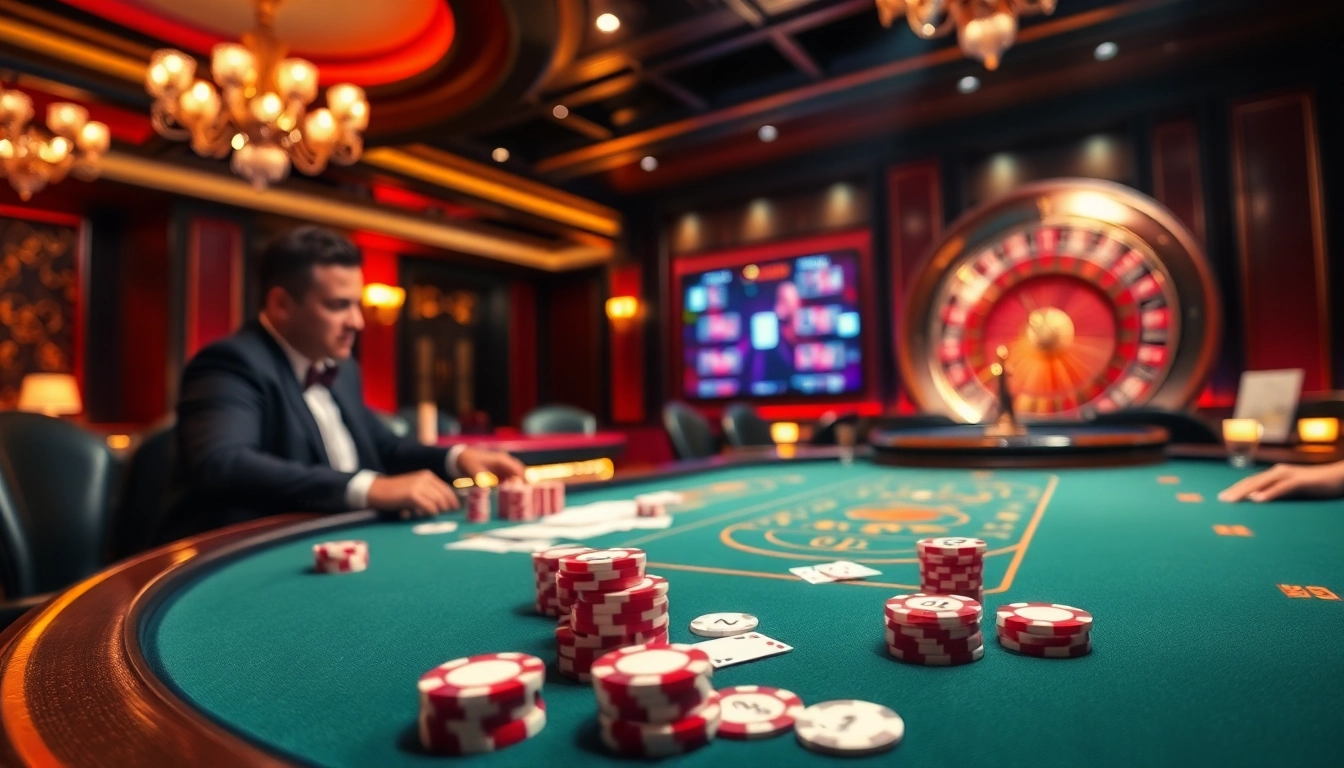 Experience the thrill of Xin88 with a luxurious poker table and vibrant casino atmosphere.