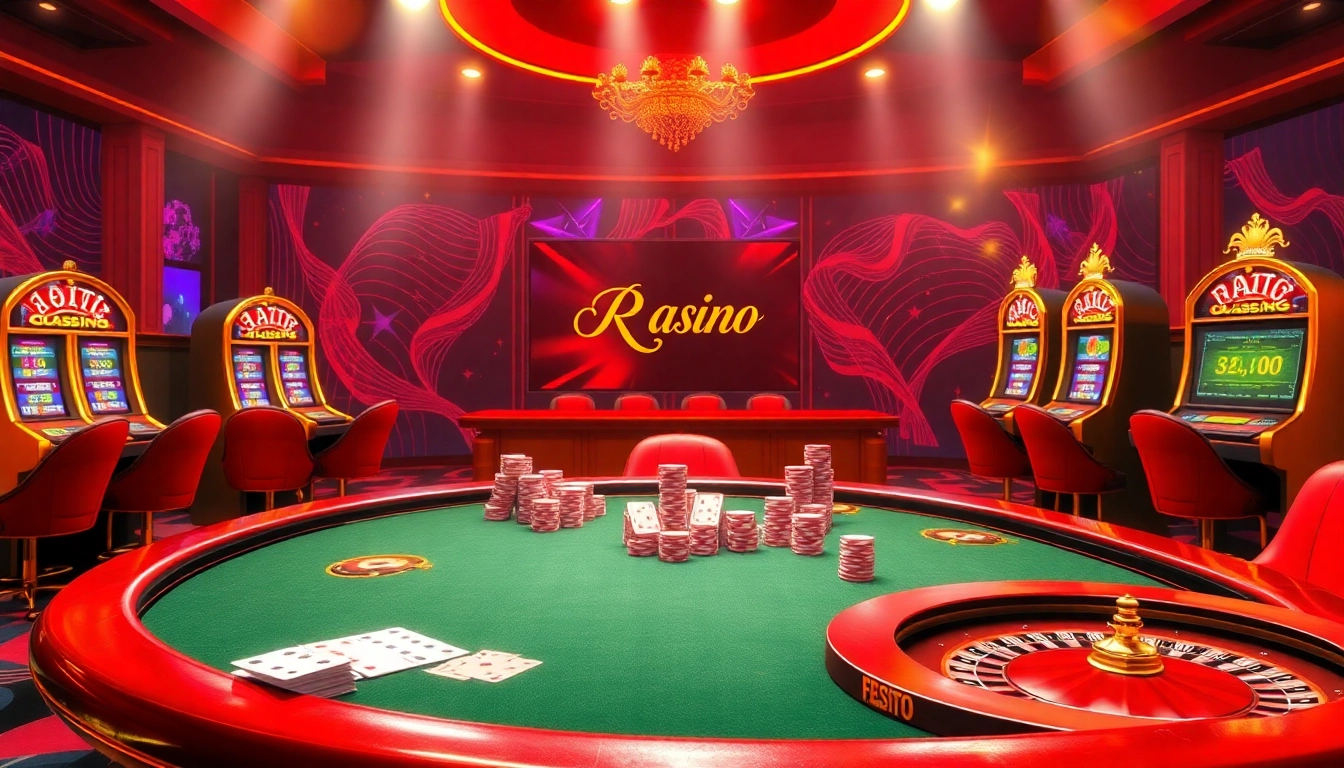 Raja luck gaming scene with poker tables, vibrant slot machines, and roulette wheels.