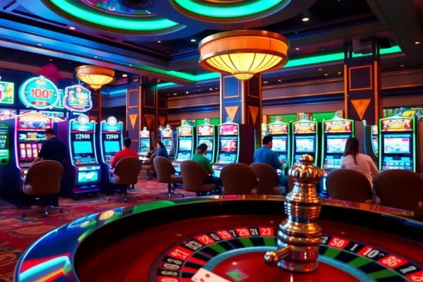 Experience the thrill of slot gacor machines in a luxurious casino setting, capturing the excitement of winning.