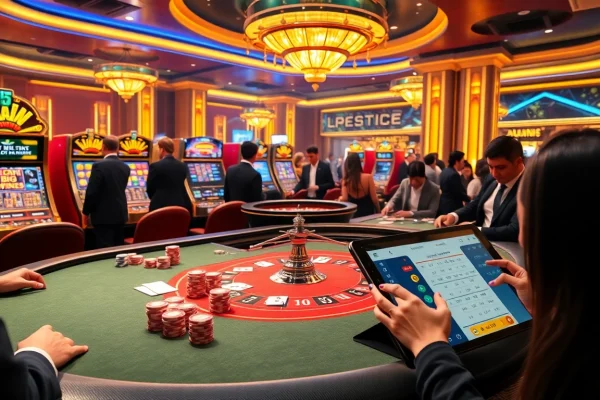 Situs11 online gaming scene with poker table, vibrant slot machines, and enthusiastic players.