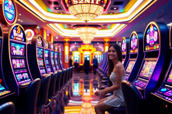 Pemain yang bersemangat menikmati pengalaman slot yang mendebarkan di lingkungan kasino mewah.