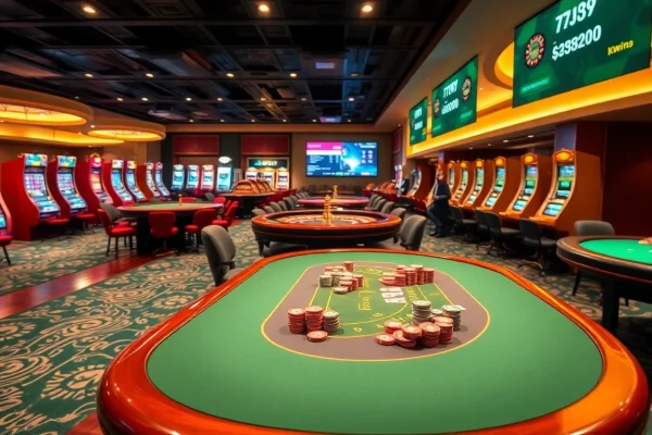 A vibrant casino gaming scene showcasing excitement and interaction at https://kkwin.diy/ poker and roulette tables with eager players and colorful chips.