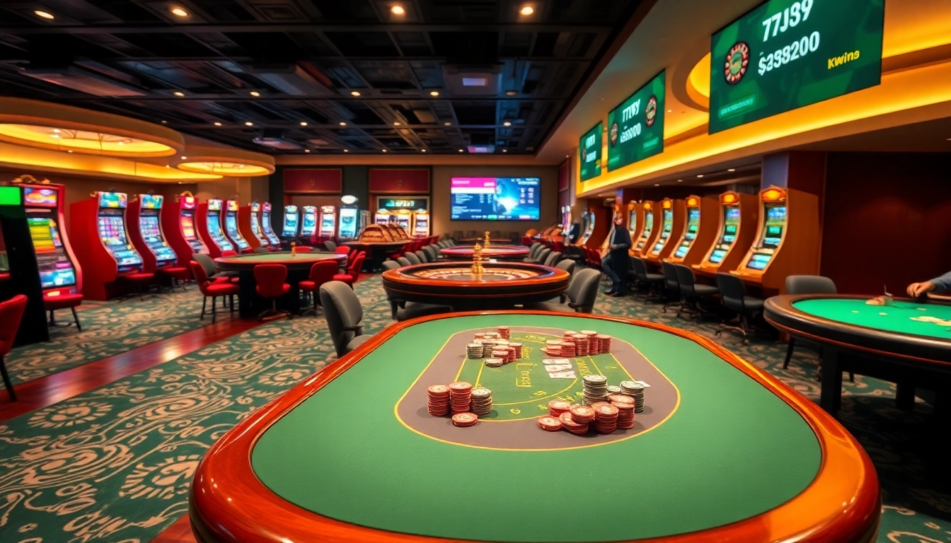 A vibrant casino gaming scene showcasing excitement and interaction at https://kkwin.diy/ poker and roulette tables with eager players and colorful chips.