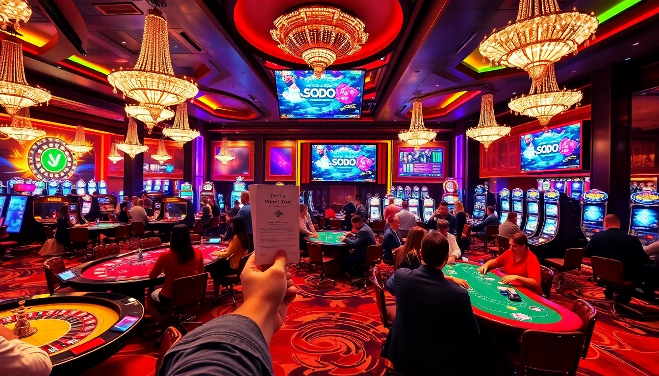 SODO casino players engaging with vibrant slot machines and betting slips in an exciting atmosphere.